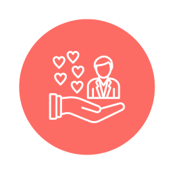 Peach color icon of a hand holding a person with caring hearts